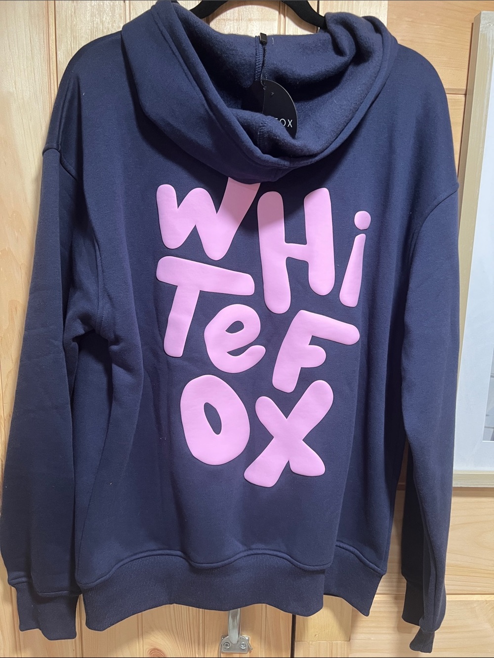 White Fox Boutique Navy Funnel Neck Sweater with Pink Graphic